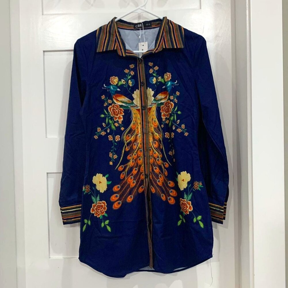 casual mini shirt dress with peacock pattern